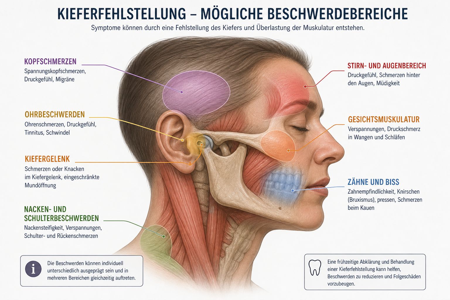 Anatomische Illustration eines menschlichen Kopfes mit eingezeichneten Beschwerdebereichen als Symptome einer Kieferfehlstellung.