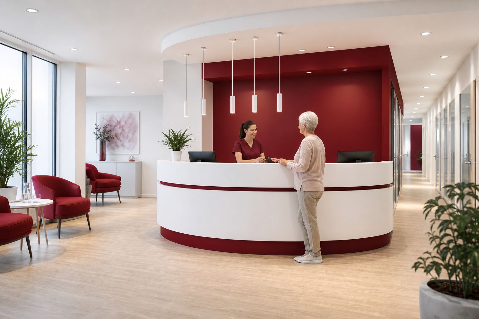Empfangsbereich der DOC Praxisklinik im Wiley Neu-Ulm, in der retinierte Zähne durch MKG-Spezialisten behandelt werden