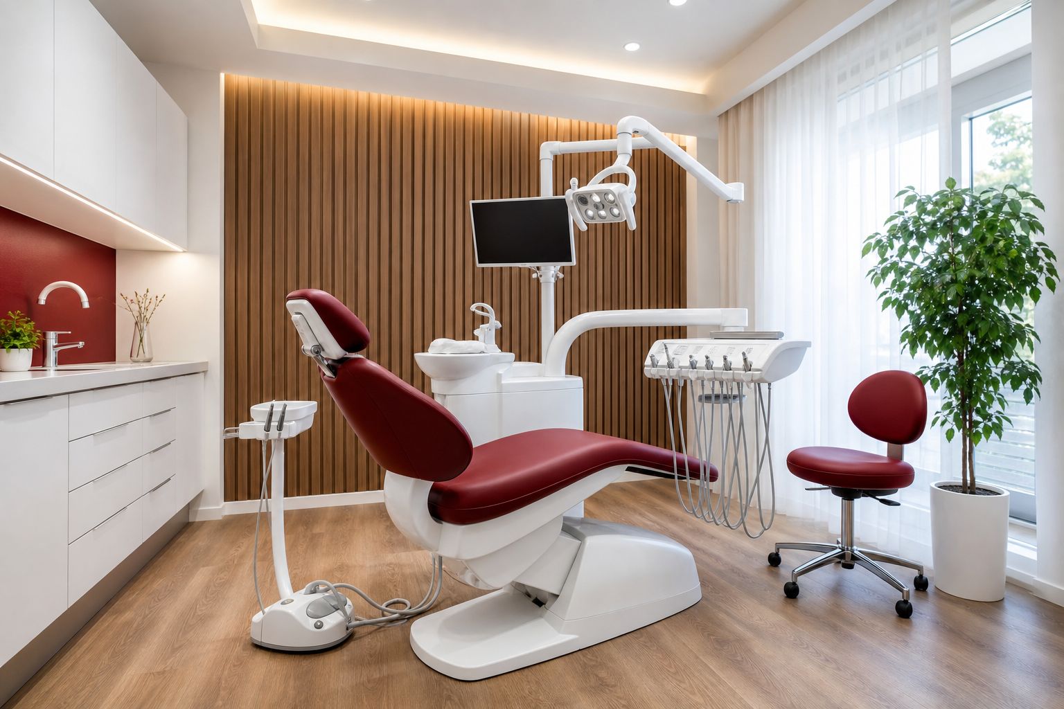 Moderner Behandlungsraum einer kieferchirurgischen Praxisklinik mit heller Ausstattung und medizinischem Equipment.