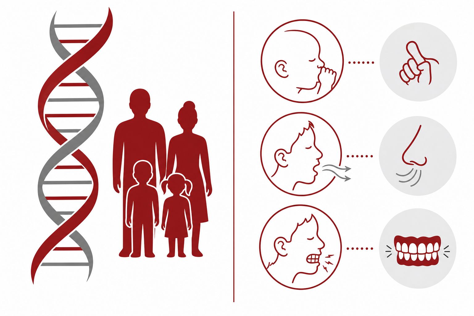 Illustration zeigt genetische und umweltbedingte Ursachen einer Kieferfehlstellung in zwei nebeneinanderstehenden Bereichen.