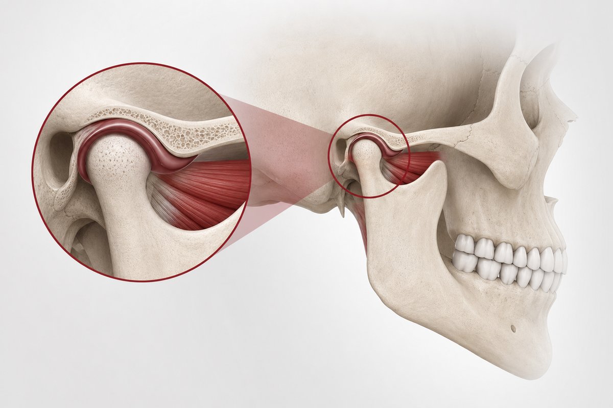 Anatomische Darstellung des Kiefergelenks mit Kondylus, Diskus und Kaumuskulatur