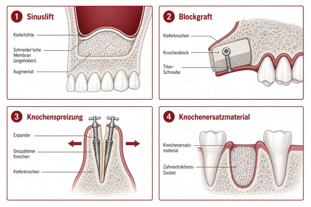 Schematische Übersicht der vier Knochenaufbau-Methoden: Sinuslift, Blocktransplantat, Bone-Split und Knochenersatzmaterial im Vergleich