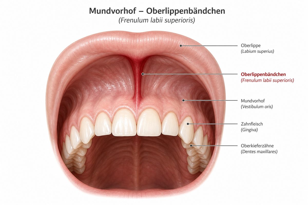 Anatomische Darstellung des oberen Lippenbändchens zwischen Oberlippe und Zahnfleisch