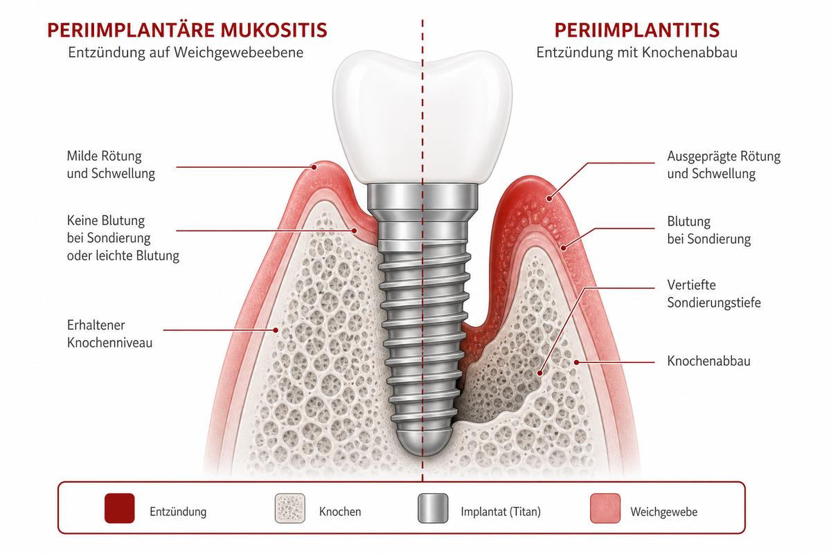 Medizinische Illustration zeigt den Unterschied zwischen periimplantärer Mukositis und Periimplantitis im Kieferknochen