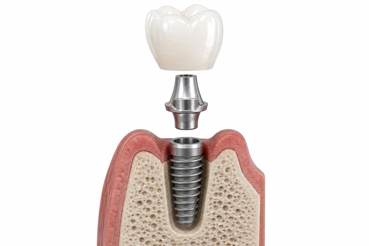 Suprakonstruktion auf einem Zahnimplantat, schematische Darstellung mit Krone und Abutment