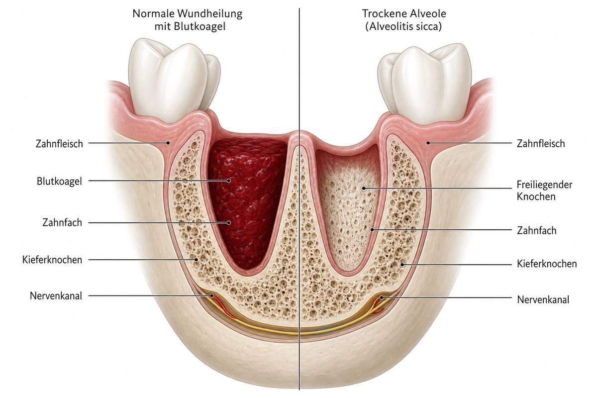 Anatomische Darstellung einer Zahnalveole nach Zahnextraktion mit fehlendem Blutgerinnsel