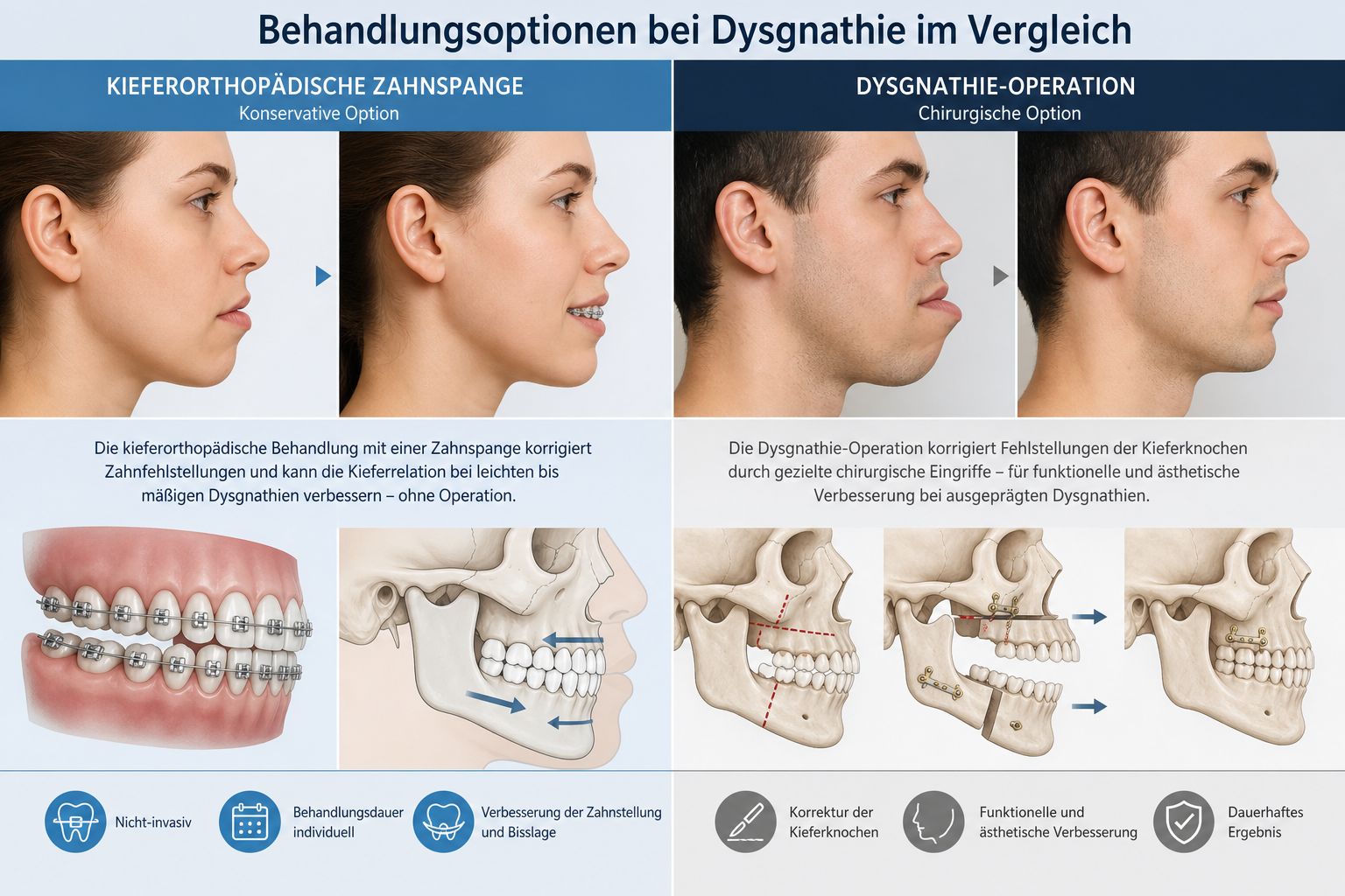 Vergleichsbild zeigt kieferorthopädische Zahnspange als konservative Option neben einer schematischen Darstellung der Dysgnathie-Operation.