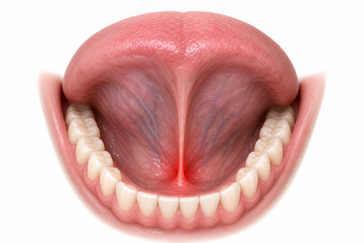 Nahaufnahme der Zungenunterseite mit dem Zungenbändchen (Frenulum linguae)